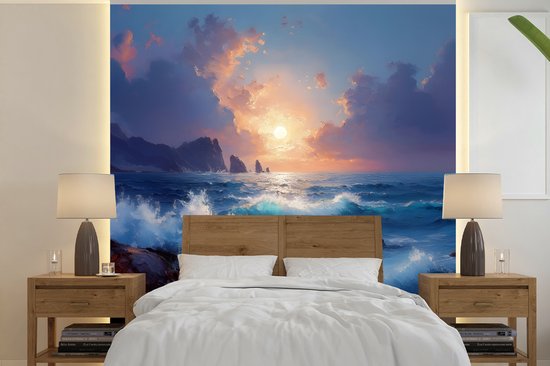 Behang - Fotobehang Golven - Zee - Kleurrijk - Rotsen - Breedte 240 cm x hoogte 240 cm