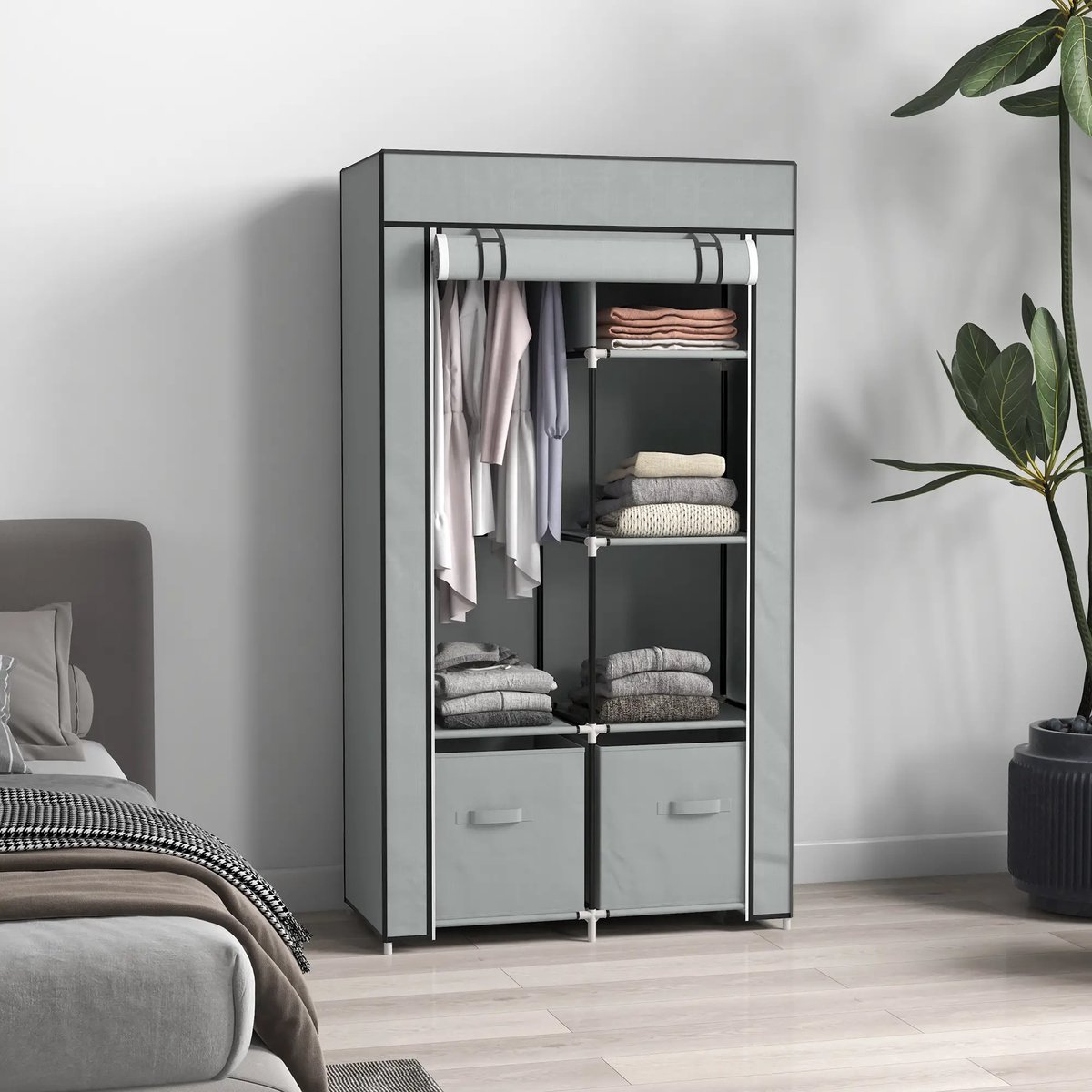 Pugsdrly Kledingkast stoffen kast 1 kledingstang 2 lades 83 x 42.5 x 162.5 cm grijs