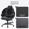 Zwarte bureaustoel met een geperforeerd mesh rugpaneel dat ademend vermogen aangeeft, en de basis van de stoel met 360 graden draaimogelijkheid.