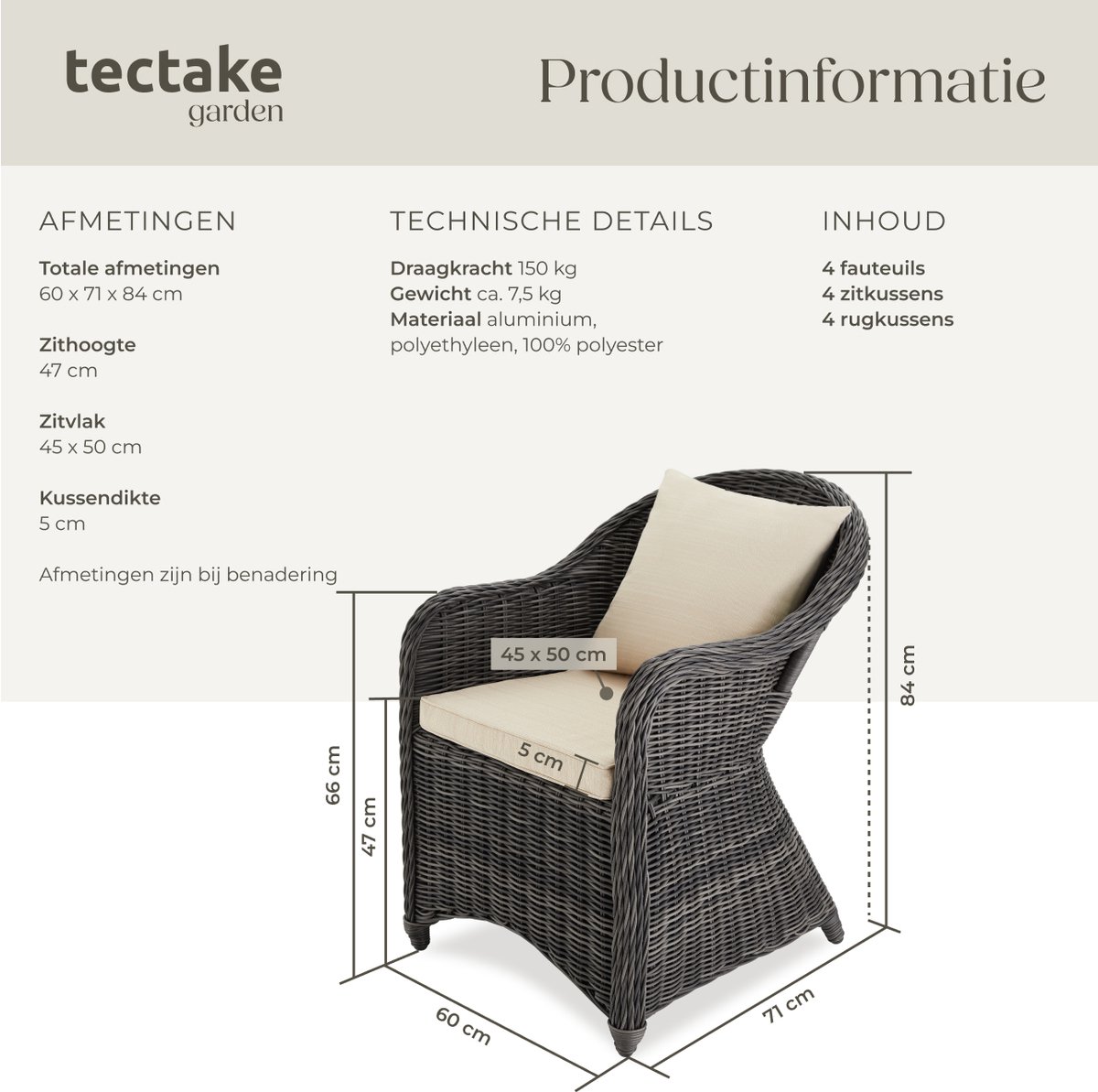 tectake® Set van 4 Wicker Stoelen - Polyrotan Tuinstoelen met Aluminium Frame - Rieten Buitenstoelen met Zachte Zitkussens - Weerbestendig voor Tuin, Terras, Balkon en Wintertuin - Grijs – foto 3