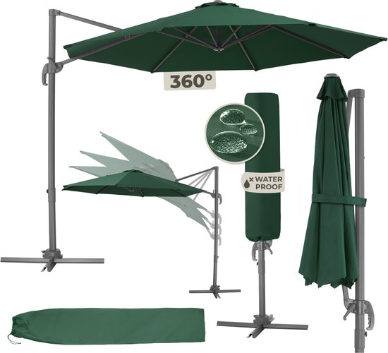 tectake® Grote Zweefparasol met Beschermhoes - Ø 300 cm - In Hoogte Verstelbaar - Opvouwbaar - met Voet en Zwengel - UV-bescherming 50+ - Tuinparasol - Parasol voor Terras of Balkon - Groen