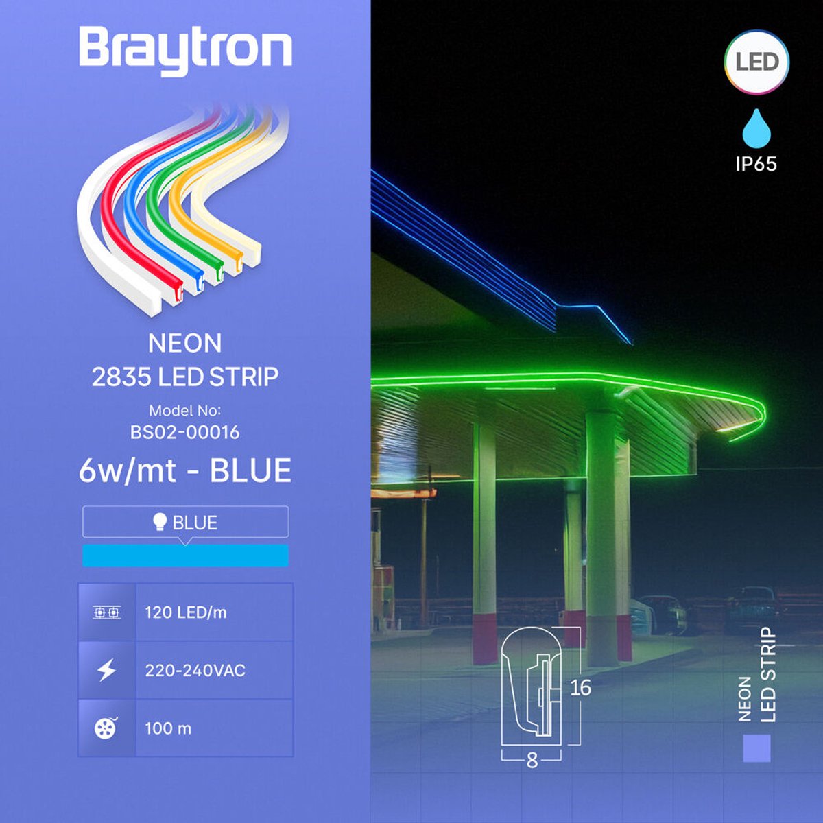 Braytron - LED Strip - 100m - 230V AC - 6W 350lm p/m - Blauw - Neon - IP65
