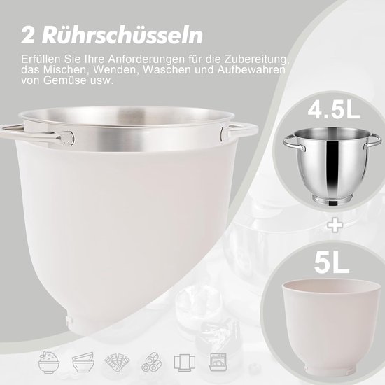 RFWR® Krachtige Keukenmachine met 10 Snelheden en 2 Mengkommen - 4.5L & 5L van Merkloos — afbeelding 3