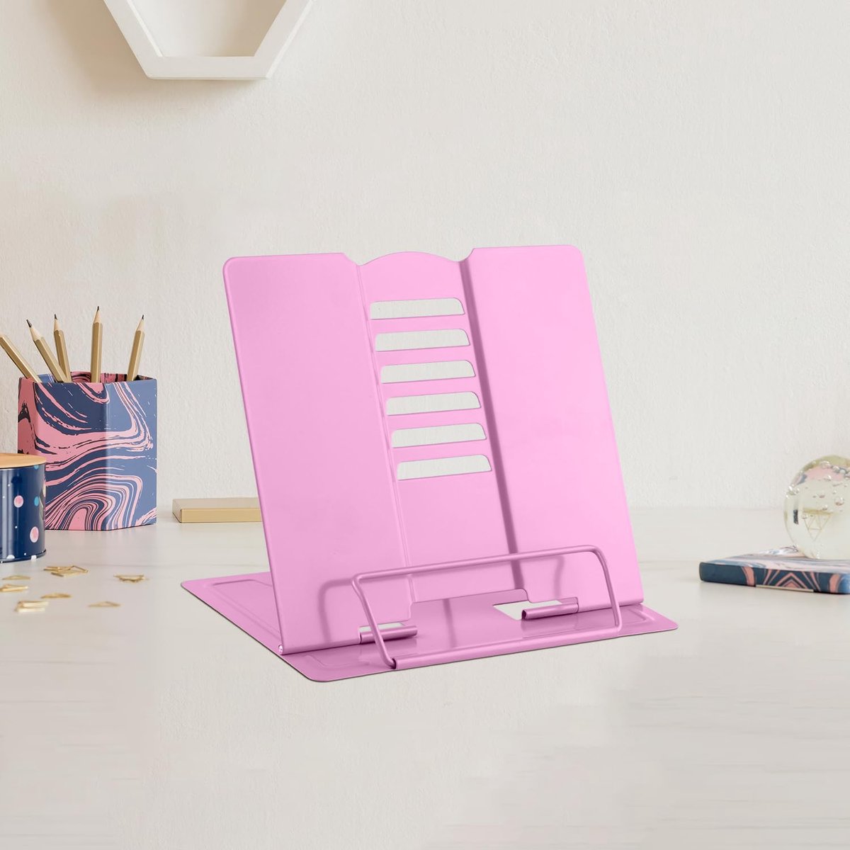 Ibenzoa® Verstelbare metalen boekenstandaard voor kookboeken, tablets en documenten in roze kleur