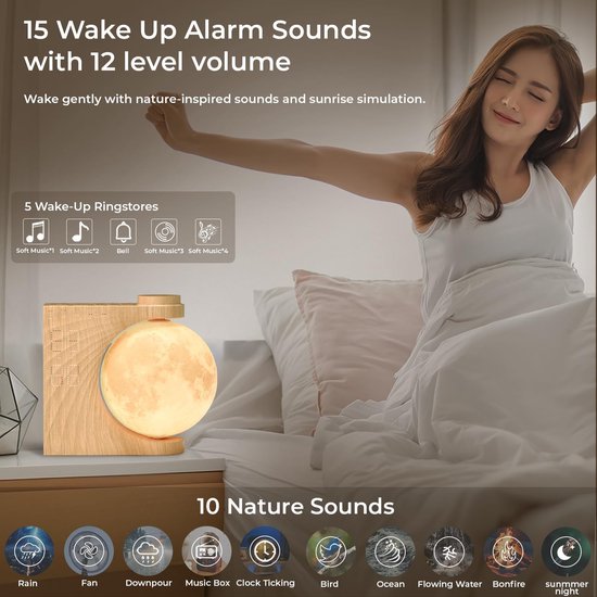 RFWR® Zonsopgangwekkers met Nachtlamp en Geluidsmachine voor Zware Slapers - 10 Natuurgeluiden, 8 Kleuren van RFWR — afbeelding 2