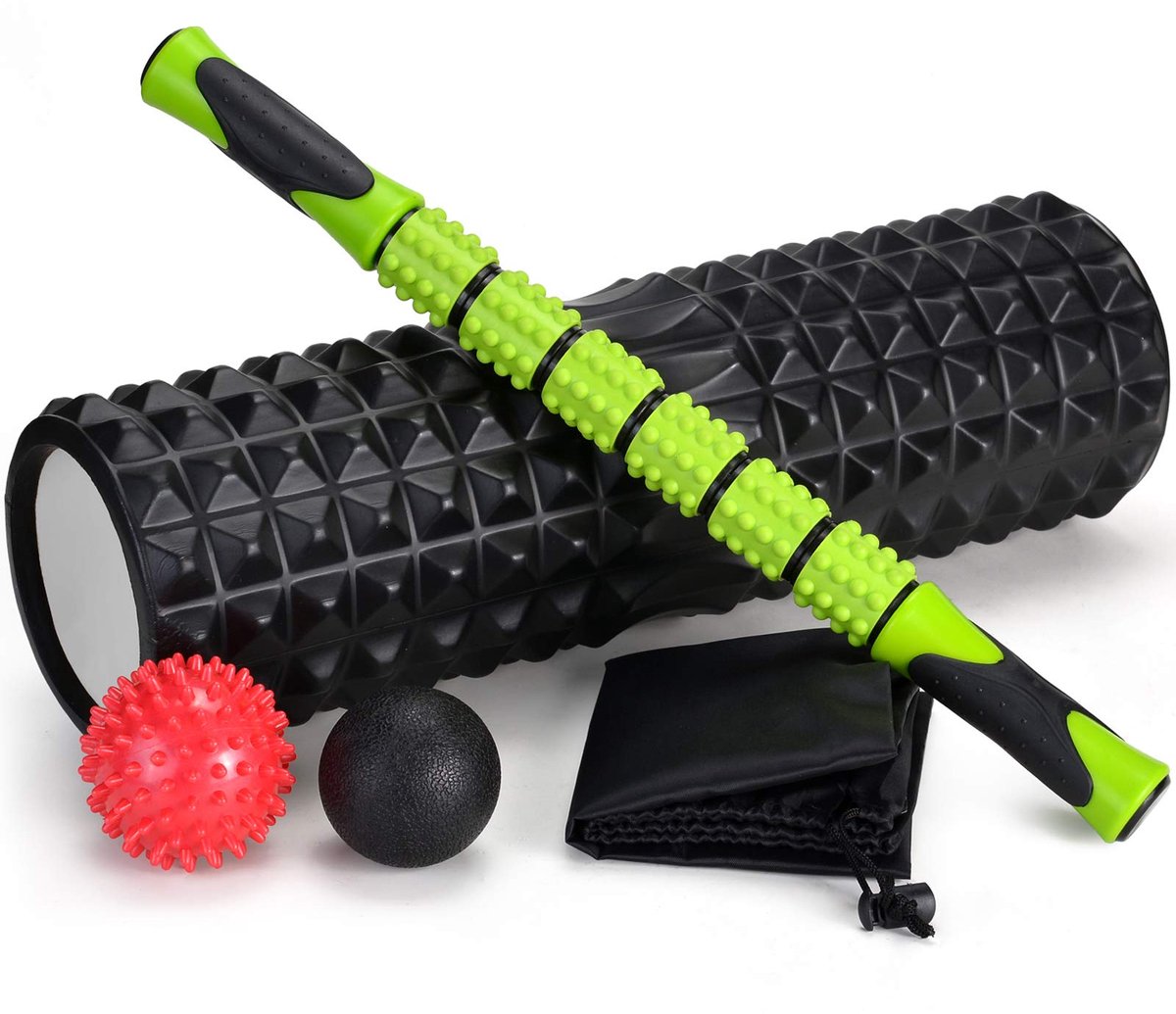 Ibenzoa® Fasciarol 5-in-1 Set voor Spiermassage en Fasciatraining met Schuimstofroller en Massageballen