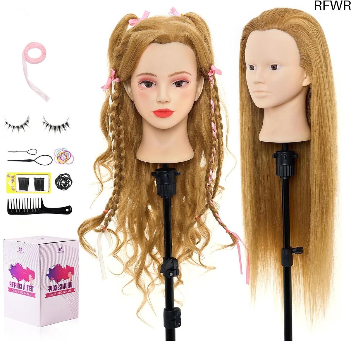 RFWR® Kappershoofd 66 inch met 60% echt haar – Oefen- en trainingshoofd met haarstyling set