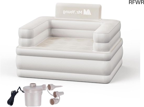Wit opblaasbaar bankje met een beige hoofdsteun met logo. Wordt geleverd met elektrische pomp en accessoires.