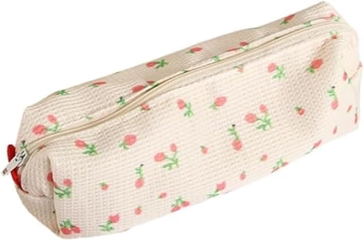 Roze aardbeien dames frisse stijl etui bloem canvas grote pennen etui tas etui pennenhouder muntzakje, eenvoudige cosmetische opbergzakken make-up tas kantoorbenodigdheden organizer