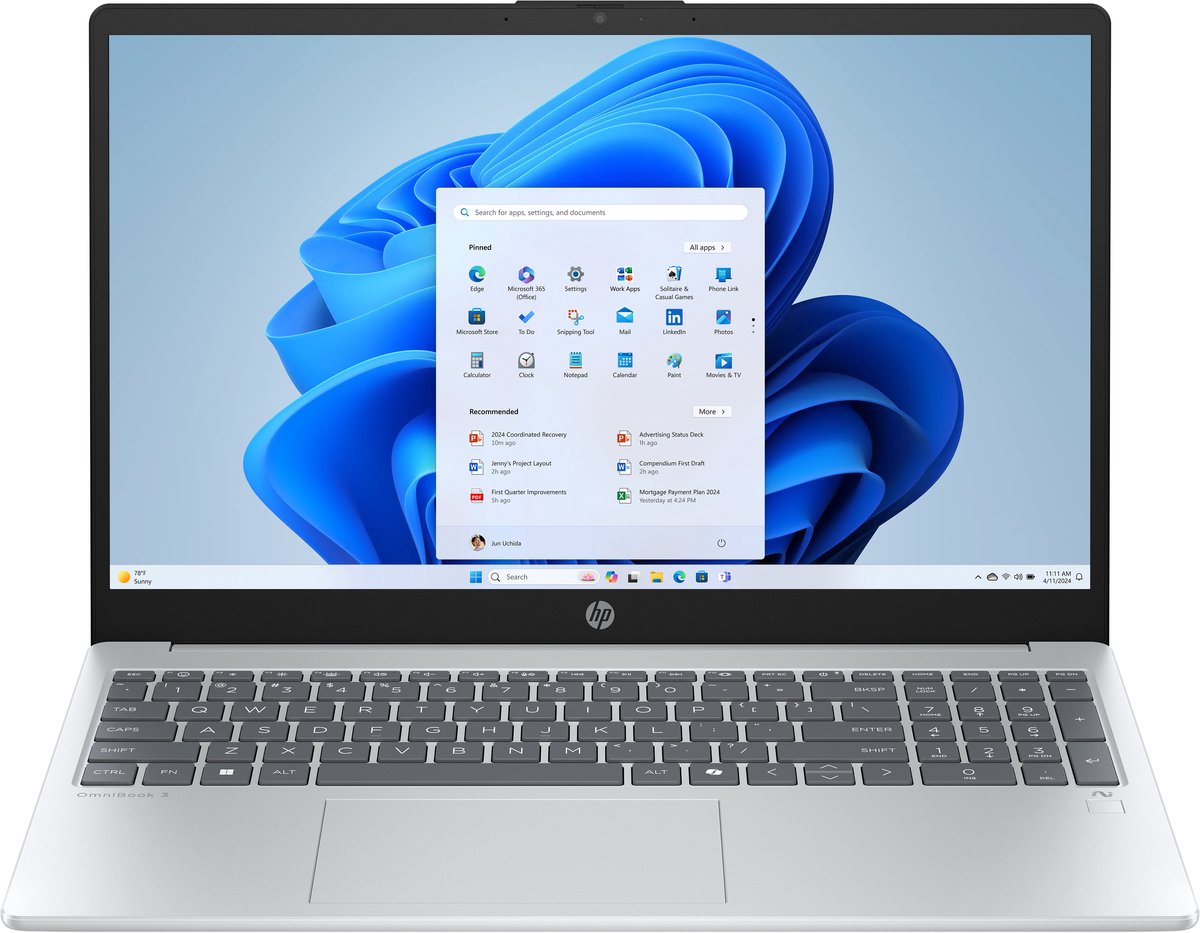 HP OmniBook 3 NGAI 15-fn0050nd Copilot+ PC AMD Ryzen AI 5 330 Laptop 39,6 cm (15.6") Full HD 16 GB DDR5-SDRAM 512 GB SSD Wi-Fi 6 (802.11ax) Windows 11 Home Zilver - afbeelding 1