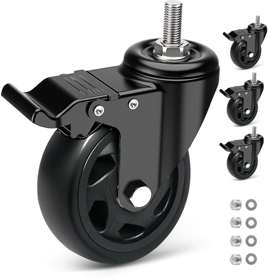 75 mm set van 4 zwenkwielen, M10 * 30 mm, M12 * 30 mm zwenkwielen met schroefdraad, stille rubberen wielen, zware meubelwielen, 3 combinaties, 4 geremd, 4 zwenkbaar, 2 geremd / 2 zwenkbaar
