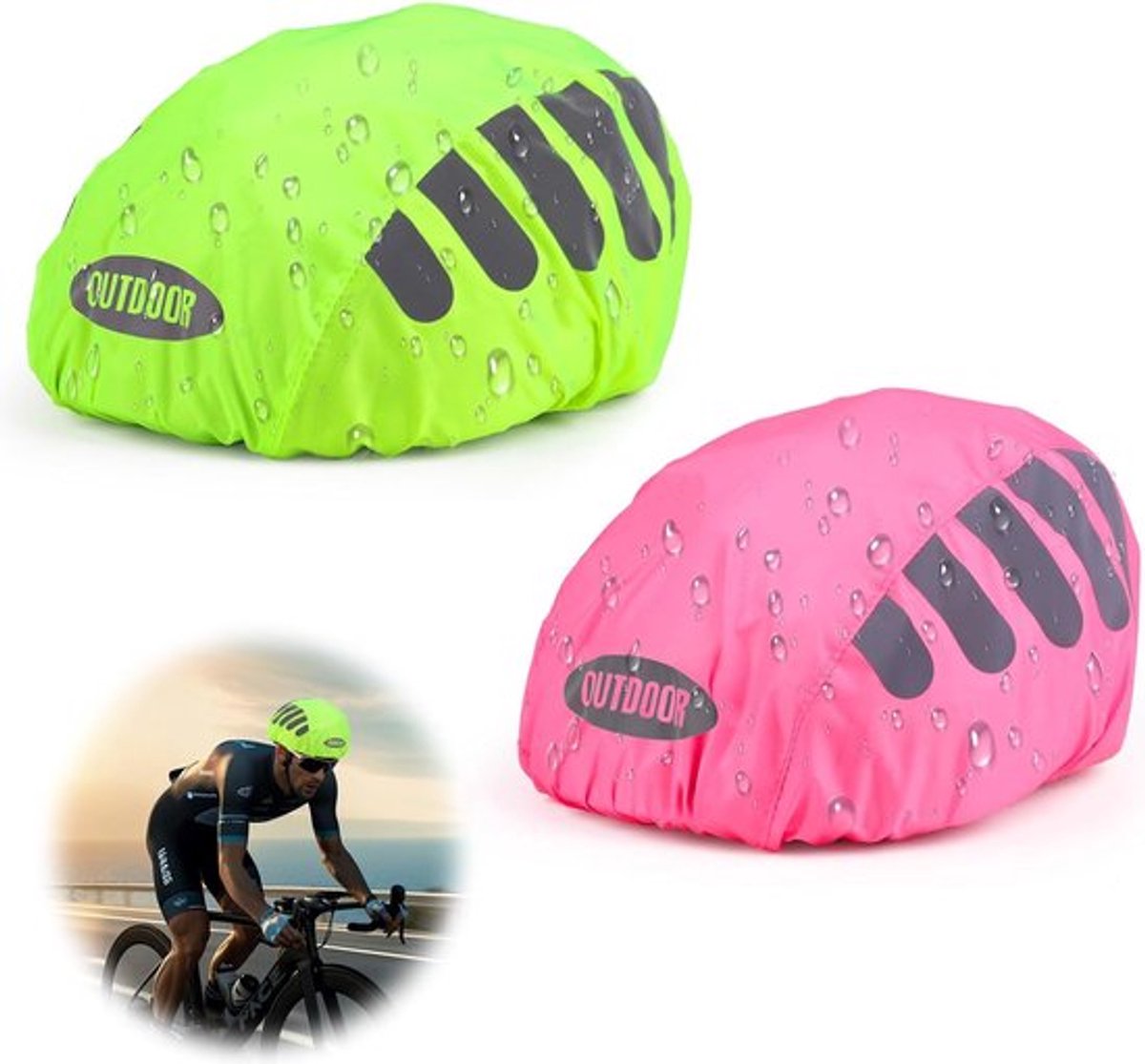2 Stuk - Fietshelm Regenhoes - Helmhoes - Regenbescherming - Waterdichte Bescherming Voor Fietshelmen - Regenhoes Helm - Reflecterende Muts Voor Helm - Fietshelm Hoes - Waterdichte Fietshelm Cover - Reflecterende Strepen - Universeel - Groen / Roze