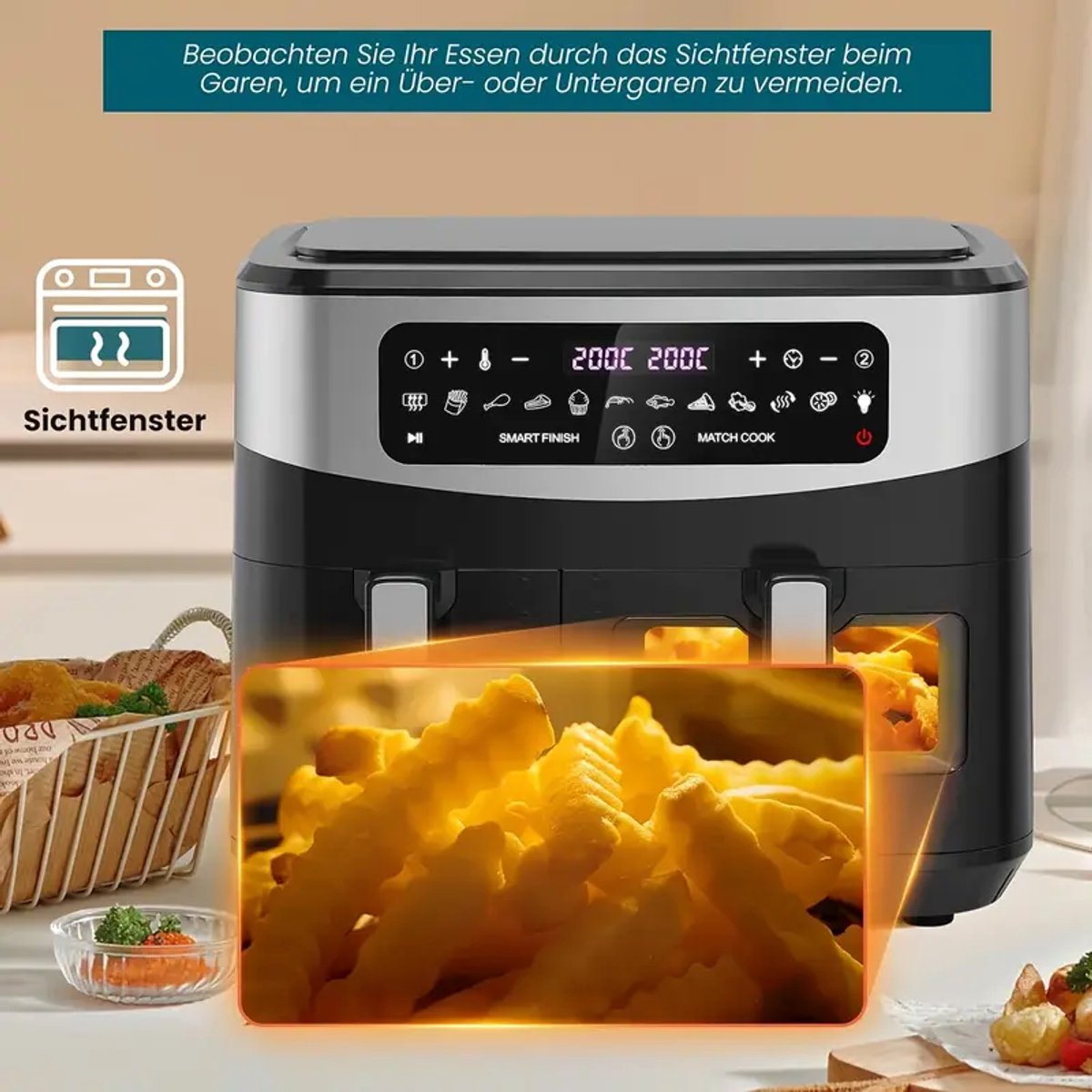 10L Dual Zone Airfryer Oven – XXL 2600W – Dubbele Mand (4L + 6L) – Met Kijkvenster & Touchscreen – 12-in-1 Programma’s – Olievrij Gezond Koken – 3D Hete Lucht Technologie – Zwart
