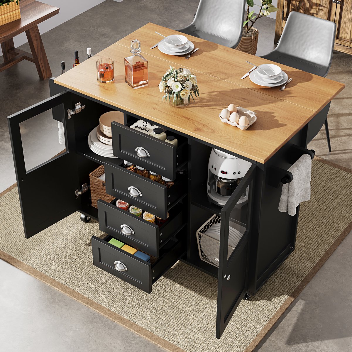 Keukeneiland, keukenkast, buffetkast, 120x73(45)x93cm, uitschuifbare keukenwagen met wielen, handdoekhouder, kruidenrek, verstelbare planken, twee deuren, vier lades, wit/zwart