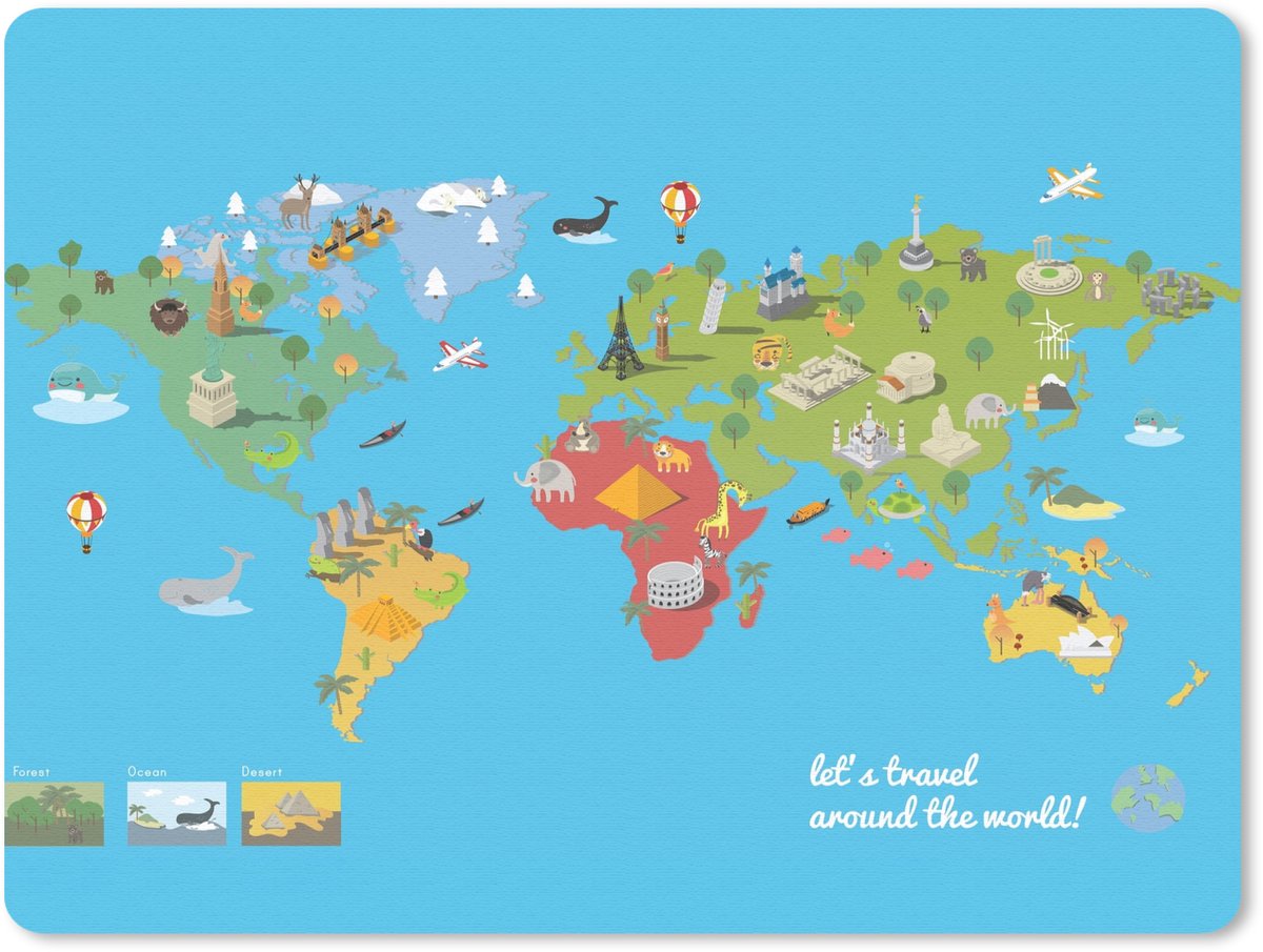 Muismat 23x19 cm - Mousepad Wereldkaart Kinderen - Modern - Symbolen - Muismatten
