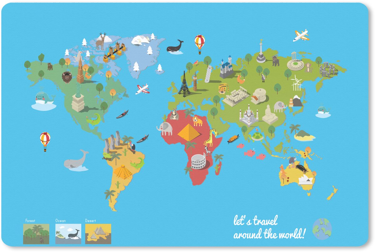 Muismat XXL 120x80 cm - Bureau onderlegger - Bureau mat Wereldkaart Kinderen - Modern - Symbolen - Bureaumat - Gaming mousepad xl - Bureaulegger groot - Computer deskmat