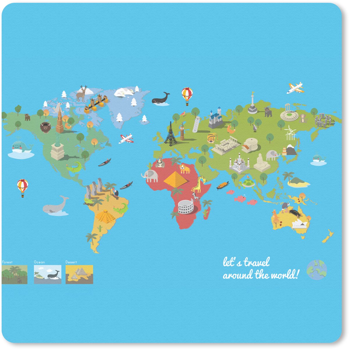 Muismat 30x30 cm - Mousepad Wereldkaart Kinderen - Modern - Symbolen - Muismatten