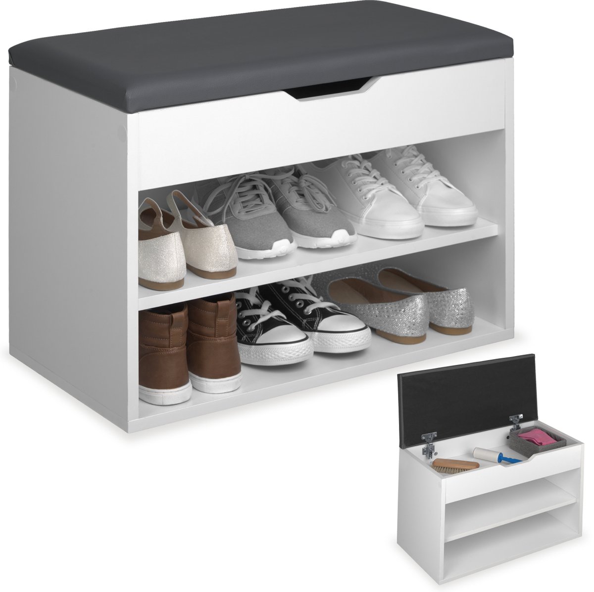 tectake® Multifunctionele schoenenkast met bank - Schoenenbank - Schoenenrek - Garderobekast en zitkussenbank met opbergruimte - Ladekast voor de gang - Maximale belasting 120 kg - Afmeting (BxHxD): 60 x 43,5 x 30 cm - Wit