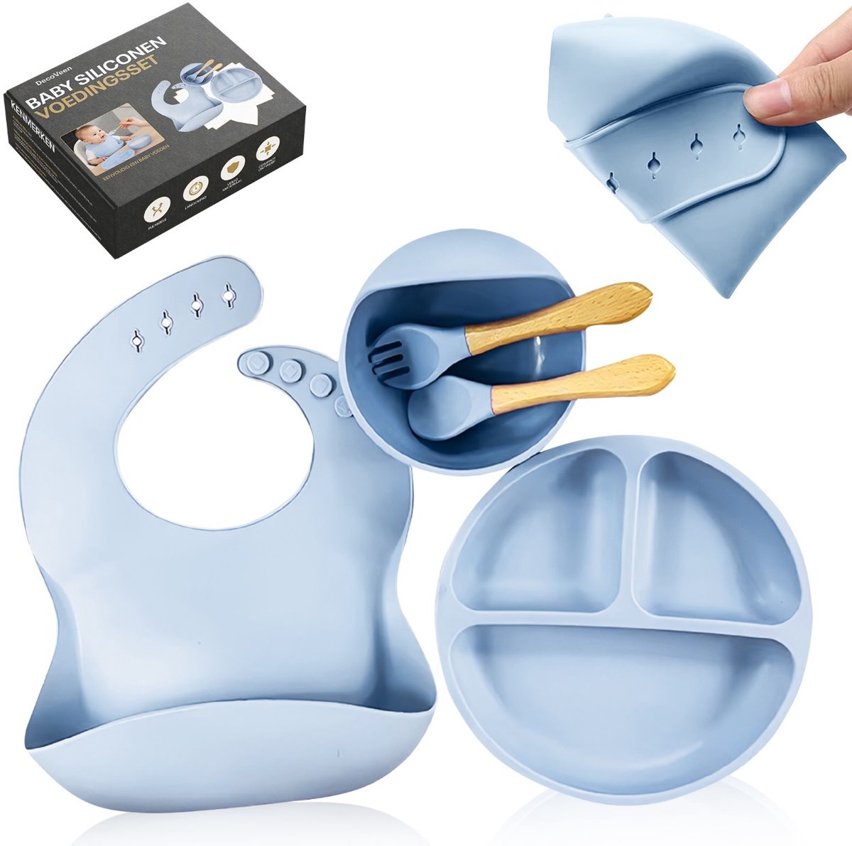 DecoVeen® Siliconen Baby Voeding Set - 100% Siliconen BPA-vrij - Baby Bestek Siliconen - Ovenbestendig - Vaatwasserbestendig - Lichtblauw - Kinderservies - Kinderbestek