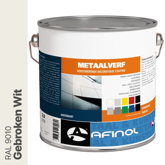 Blik metaalverf 'Gebroken Wit' (RAL 9010) 2,5 liter. Roestwerende decoratieve coating.