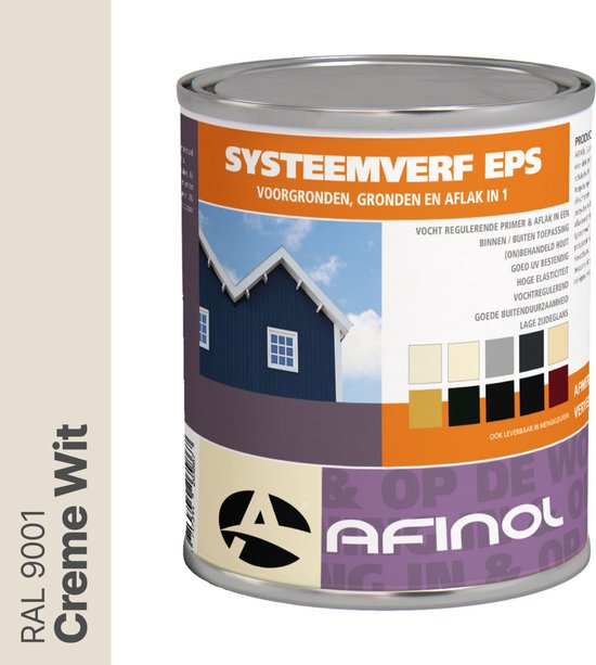 Blik Afinol Systeemverf EPS in Creme Wit (RAL 9001). Afbeelding van een huis met blauwe gevel. Kleurstaaltjes onderaan.