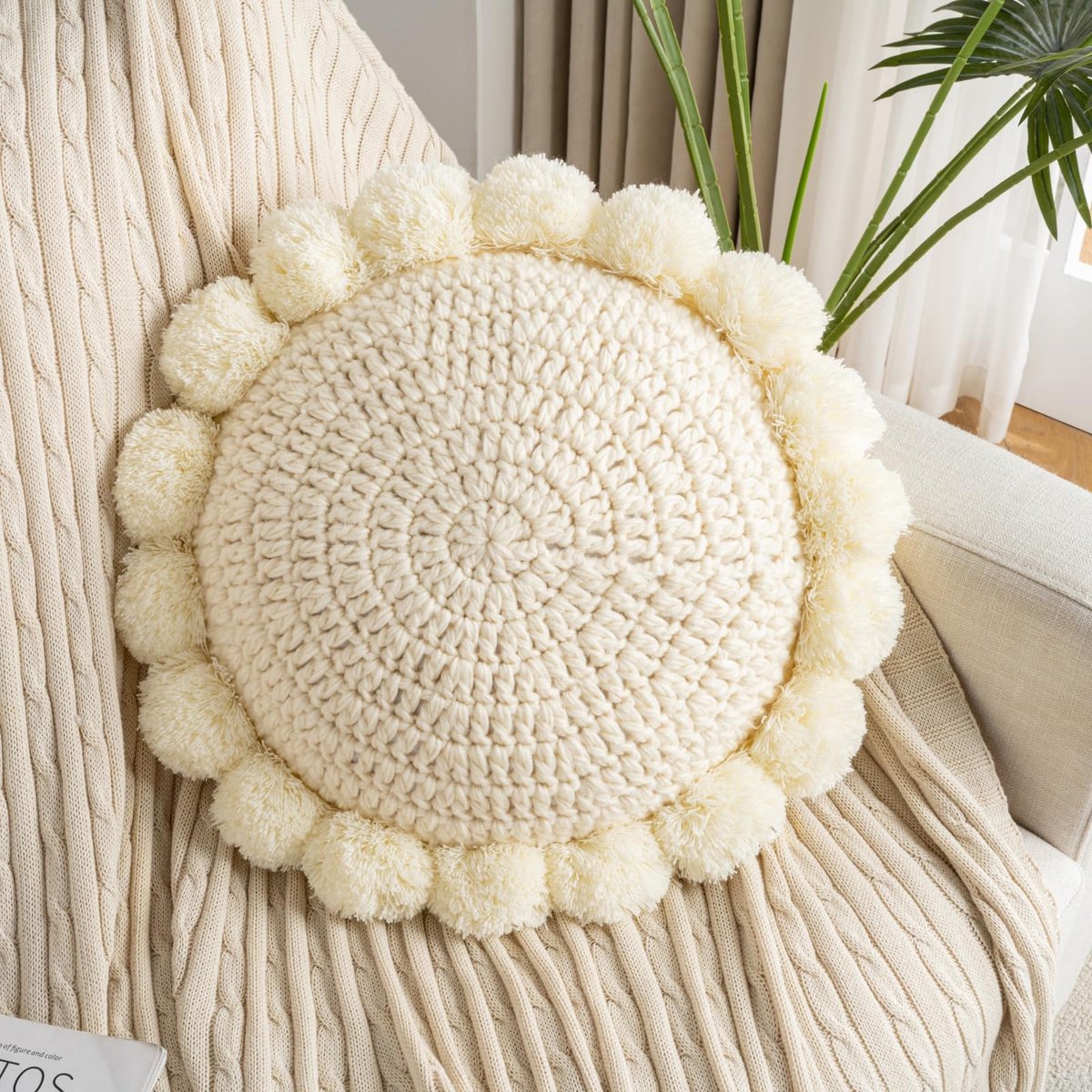 Ibenzoa® Rond Boho Sierkussen 45cm Gehaakt Bodemkussen Met Pompon Kwasten Voor Bank En Bed