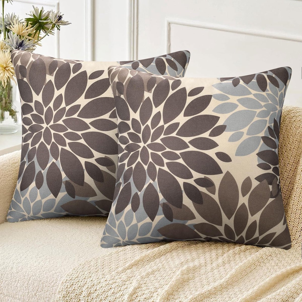 Ibenzoa Kerst Kussenhoezen Set van 2 - Decoratieve Linnen Kussenslopen met Dahlia Motief voor Bank en Slaapkamer 45x45 cm bruin