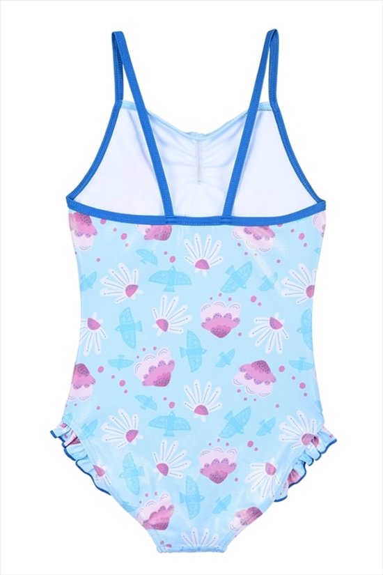 Lichtblauwe badpak met vrolijke print van vogels en bloemen. Blauwe randjes en strikjes aan de achterkant.