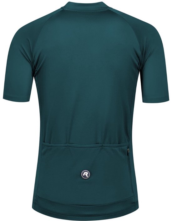 Donkergroen fietsshirt met korte mouwen, van achteren gezien, met een logo op de achterzak.