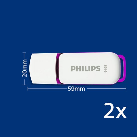 Witte USB 2.0 stick "Philips 64GB" met paarse accenten, afmetingen 59mm x 20mm. "2x" is zichtbaar.