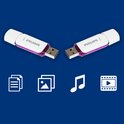 Twee witte USB 2.0 sticks met paarse accenten en de tekst "Philips 64GB". Onder de sticks staan pictogrammen voor documenten, foto's, muziek en video.