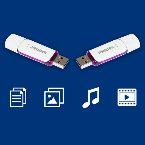 Twee witte USB 2.0 sticks met paarse accenten en de tekst "Philips 64GB". Onder de sticks staan pictogrammen voor documenten, foto's, muziek en video.