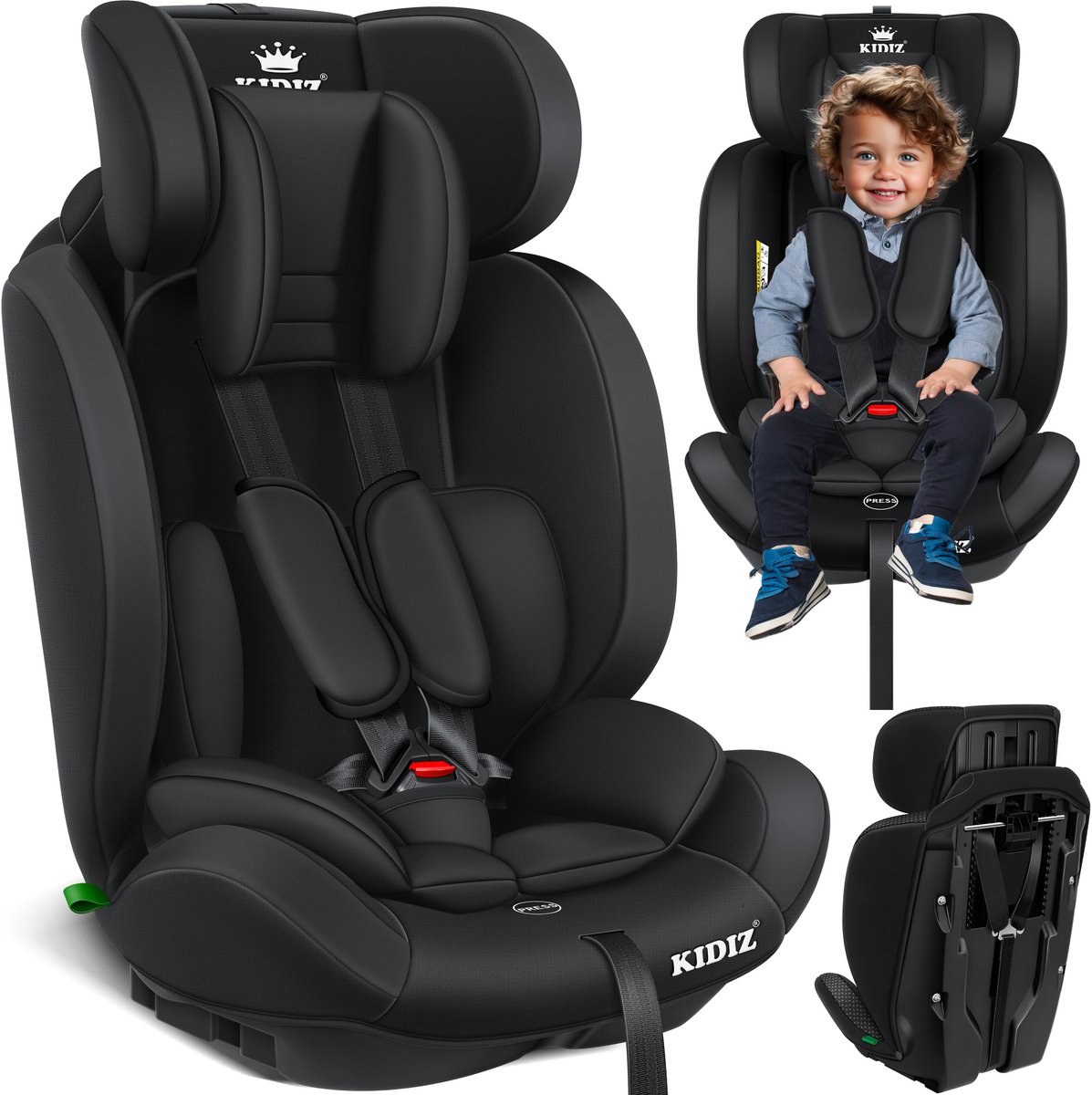 KIDIZ® Autostoeltje | Groep 1+2+3 | 9-36 kg 5-punts veiligheidsgordel, Autostoeltje, Kinderzitje, Verstelbare Hoofdsteun | Stoelverhoger 1-12 jaar, Stabiel en Veilig - Zwart – foto 4