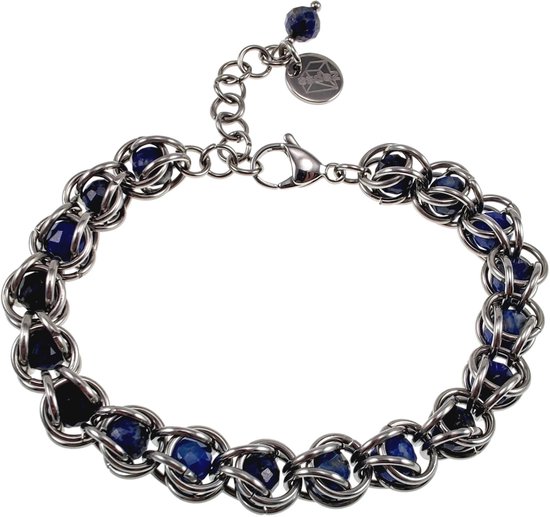 16-20cm x 9mm Schakelsarmband Dames - RVS-Ringen - Gefacetteerde Natuurlijke Lapis Lazuli Stenen - Verstelbaar Armband
