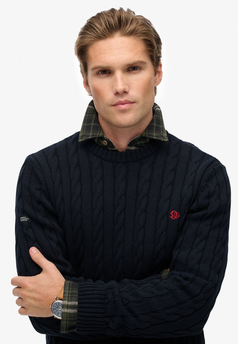 Superdry Katoenen Kabelgebreide Crew Trui Heren Sweaters Marineblauw