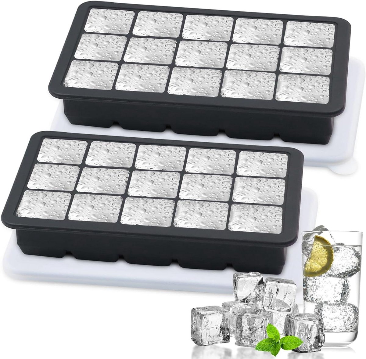 ByShane - Siliconen ijsblokjesvorm met deksel voor 30 ijsblokjes - 3 cm - BPA-vrij - voor cocktails, whisky, wijn, fruitijs - Zwart