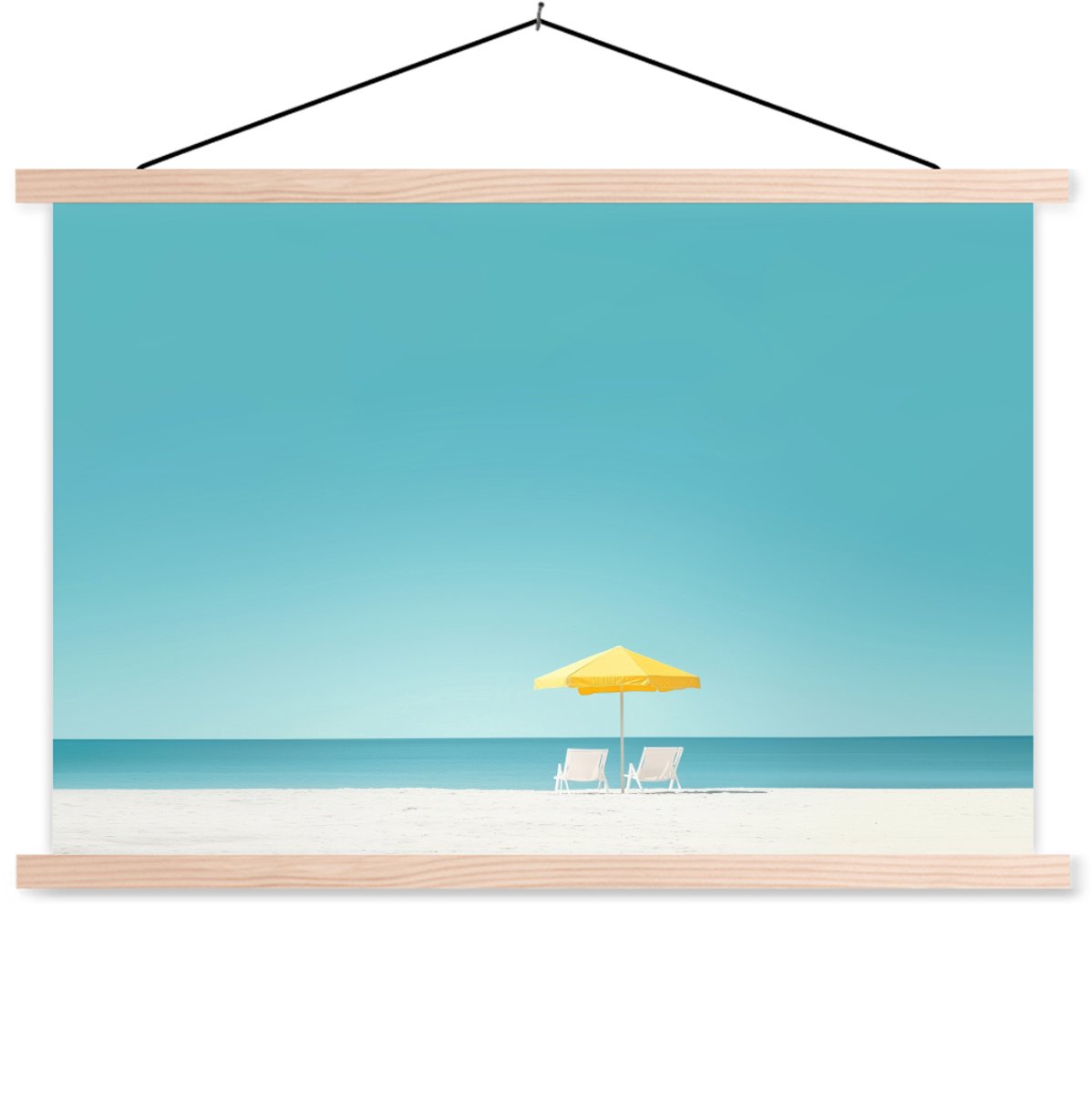 Posterhanger incl. Poster 60x40 cm - Schoolplaat - Strand - Blauwe lucht - Geel - Parasol