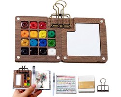Pocket Artist Waterverf Reisset - Mini draagbare waterverfset (houten verfdoos met 15 rasters) - Mini reispaletset - Aquarelpapier schetsboek met metalen clip - Waterverfpotlood