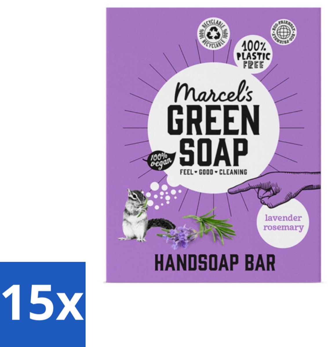 Marcel's Green Soap - Handzeep Bar - Lavendel & Rozemarijn - Zachte verzorging - 90 gr - Bulkverpakking - 15 stuks