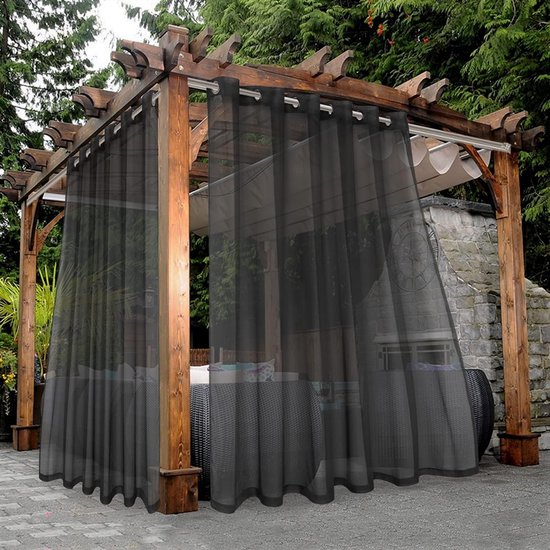 Lot de 2 - Imperméable pour l'extérieur - Couleur unie - Rideaux de terrasse transparents - Protection solaire et anti-UV - Rideaux à larges anneaux - Convient pour une utilisation intérieure, salon, chambre, véranda, gazebo - Zwart - 183 x 132 cm
