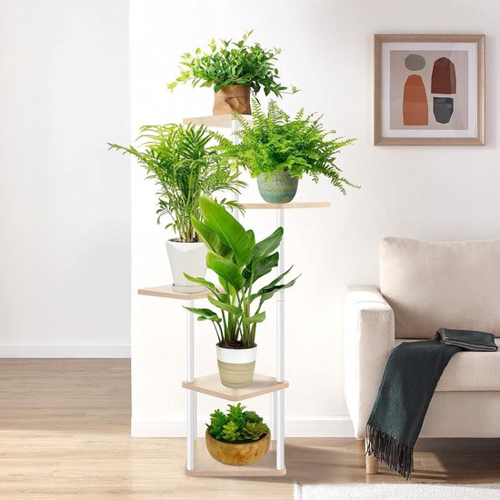 KAHEIGN 5-laags plantenstandaard, 106 cm hoge plantenplank, houten plantenrek, ladder, plantenbakhouder voor woonkamer, terras, balkon, boho-stijl, huis, tuin, plantenpot, decoratie
