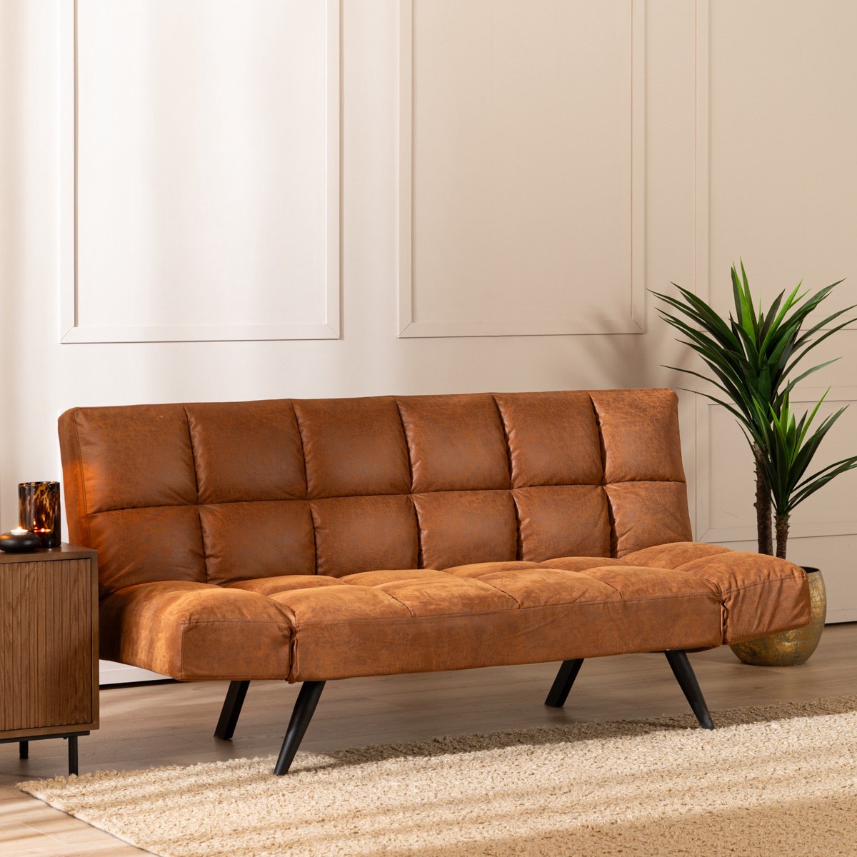 Bronx71 Slaapbank 1,5-persoons Timo cognac eco-leer - Logeerbed - Vouwbed - Slaapstoel - Zetelbed