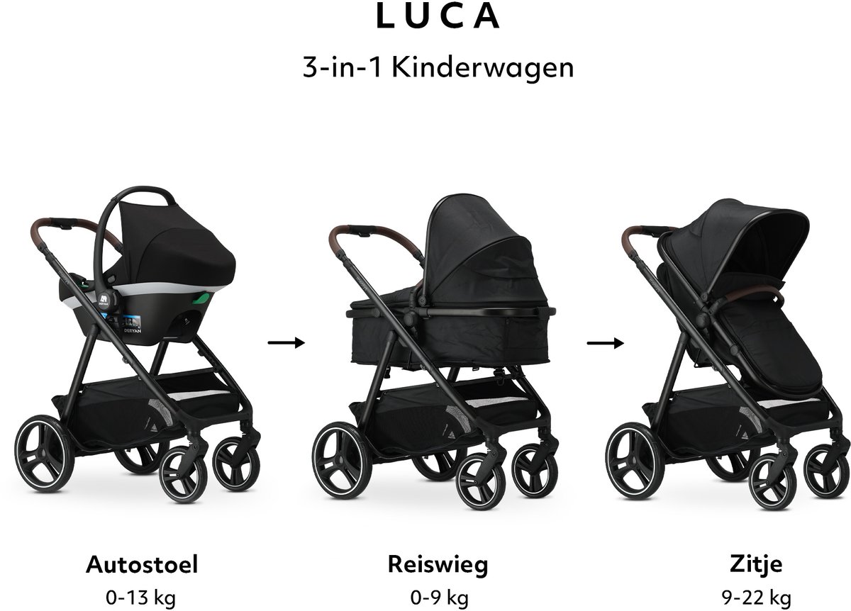 Mooiys Luca 3in1 Kinderwagen met Autostoel - Zwart - afbeelding 2