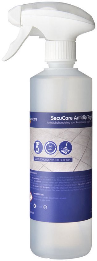 Secucare antislipttegel spray met pictogrammen voor tegels en een föhn. Beschrijving "Goed schuiven voor gebruik".