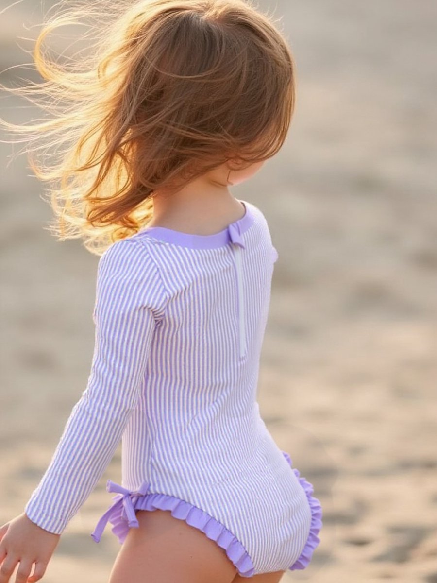 Joya Kids® Badpak Lange Mouw Licht Paars met Streepjes en Roze Ruches Meisjes | Zwempak met ruches UV Badpak Lila | Zwempak Lange Mouw UV Bescherming Streep | Meisje Bikini Zomer | Kinderbadpak Peuter | — afbeelding 7