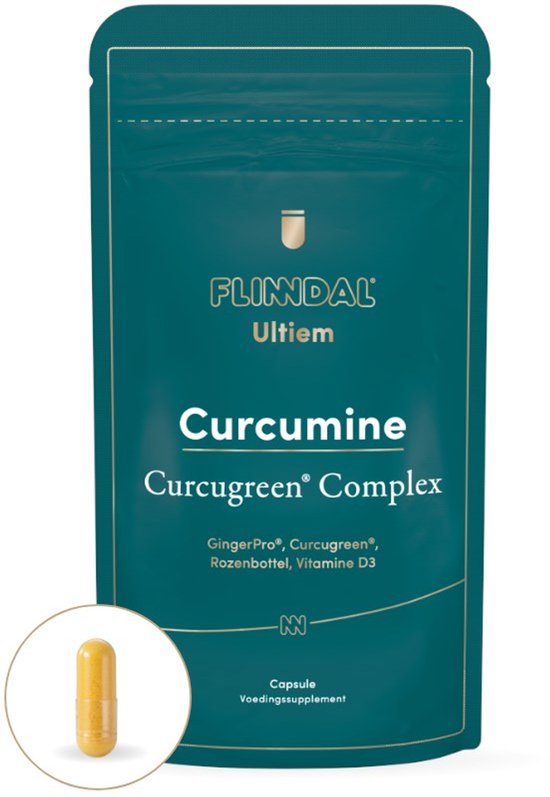 Donkergroene verpakking met gouden tekst 'Curcumine Curcugreen® Complex' en een inzetstuk met een gele capsule.