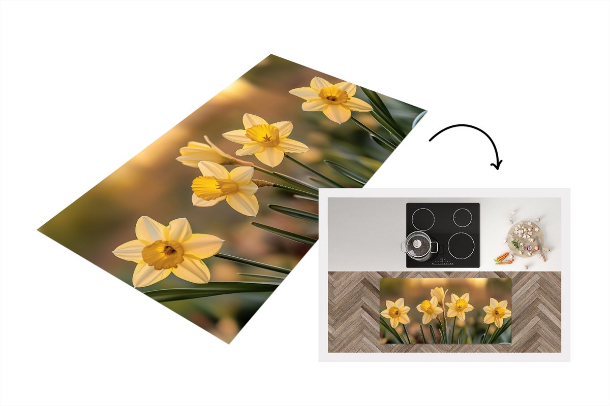 KitchenYeah Keukenloper 120x60 cm - Keukenmat vinyl Bloemen - Geel - Wazig - Keukenmatten loper - Keuken vloerkleed tapijt Narcissen
