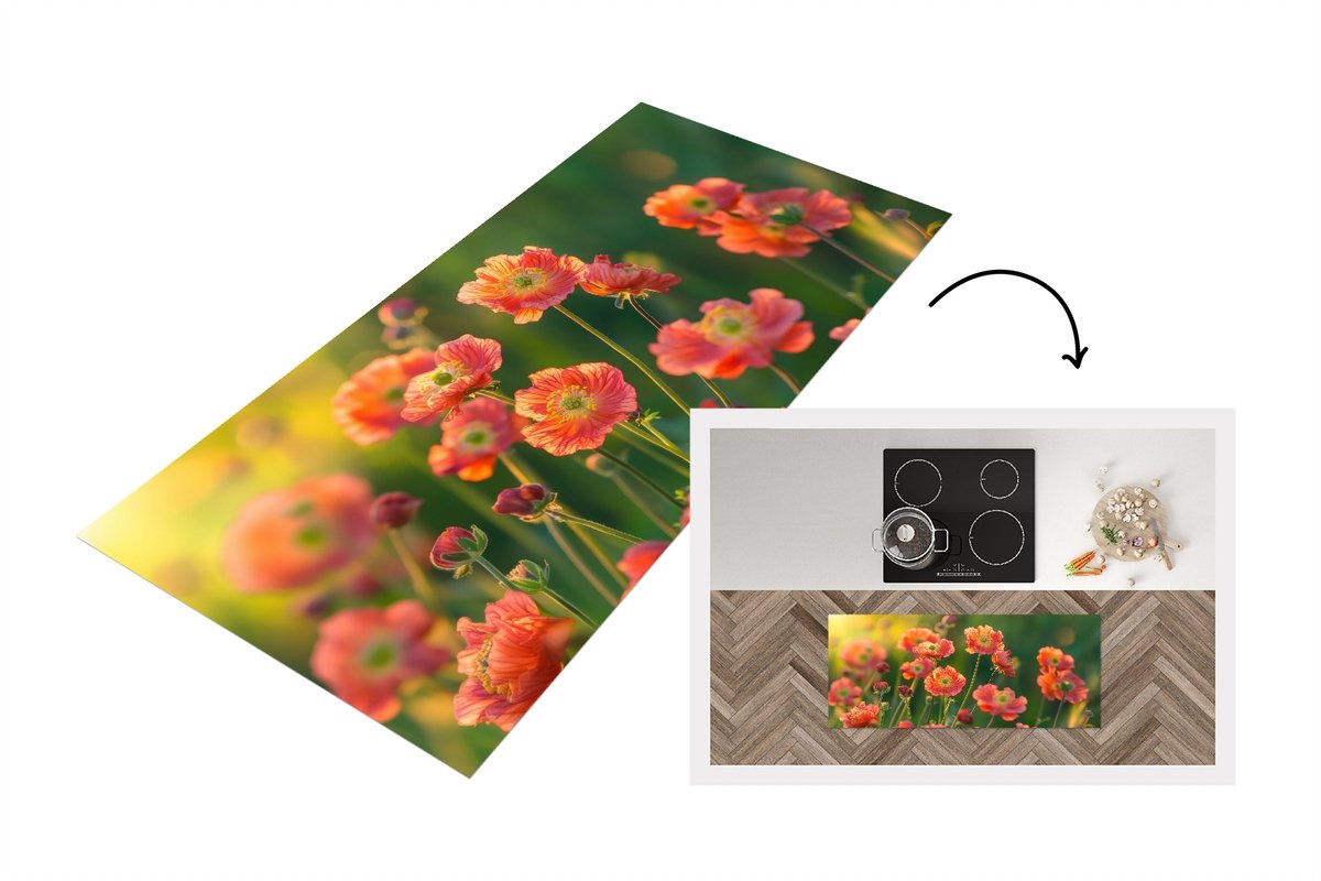 KitchenYeah Keukenloper 120x50 cm - Keukenmat vinyl Bloemenveld - Zonnestralen - Oranje - Keukenmatten loper - Keuken vloerkleed tapijt