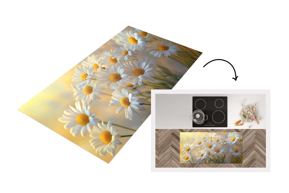 KitchenYeah Keukenloper 120x60 cm - Keukenmat vinyl Madeliefjes - Wit - Zonlicht - Keukenmatten loper - Keuken vloerkleed tapijt