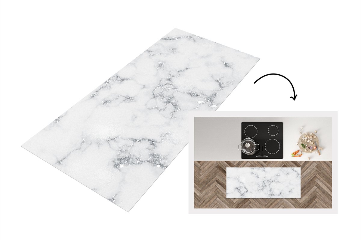 KitchenYeah Keukenloper 120x50 cm - Keukenmat vinyl Marmer - Wit - Zilver - Glitter - Marmerlook - Chique - Keukenmatten loper - Keuken vloerkleed tapijt Marmer - Grijs